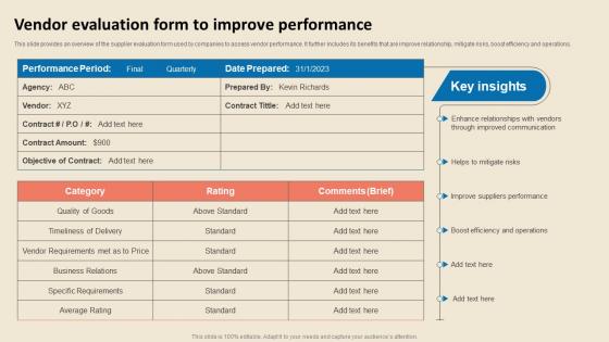 Cost Reduction Strategies Vendor Evaluation Form To Improve Performance Strategy SS V