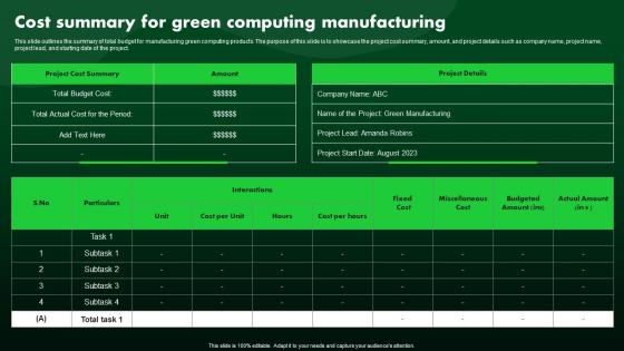 Cost Summary For Green Computing Manufacturing Green IT