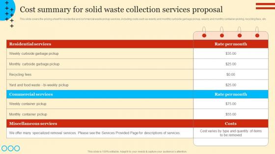 Cost Summary For Solid Waste Collection Services Solid Waste Collection Services Proposal