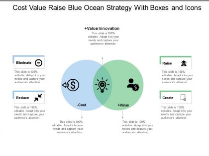 Cost value raise blue ocean strategy with boxes and icons
