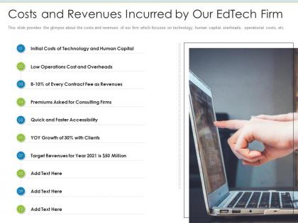 Costs and revenues incurred by our edtech firm education services investor funding elevator