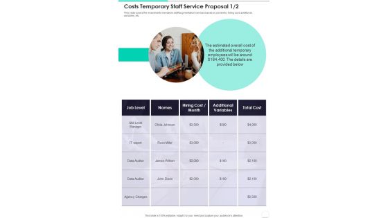 Costs Temporary Staff Service Proposal One Pager Sample Example Document