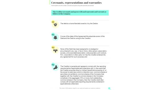 Covenants Representations And Warranties One Pager Sample Example Document