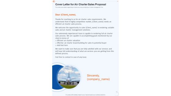 Cover Letter For Air Charter Sales Proposal One Pager Sample Example Document