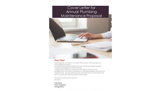 Cover Letter For Annual Plumbing Maintenance Proposal One Pager Sample Example Document