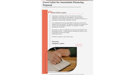 Cover Letter For Association Financing Proposal One Pager Sample Example Document