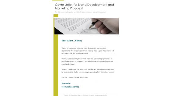 Cover Letter For Brand Development And Marketing Proposal One Pager Sample Example Document