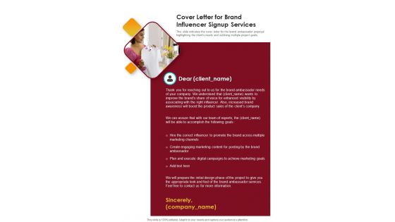 Cover Letter For Brand Influencer Signup Services One Pager Sample Example Document
