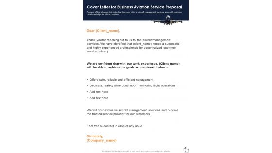Cover Letter For Business Aviation Service Proposal One Pager Sample Example Document