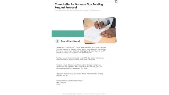 Cover Letter For Business Plan Funding Request Proposal One Pager Sample Example Document