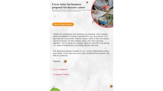 Cover Letter For Business Proposal For Daycare Center One Pager Sample Example Document