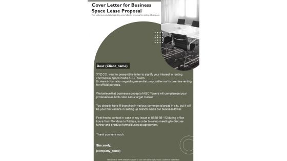 Cover Letter For Business Space Lease Proposal One Pager Sample Example Document