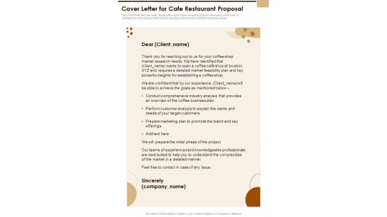 Cover Letter For Cafe Restaurant Proposal One Pager Sample Example Document