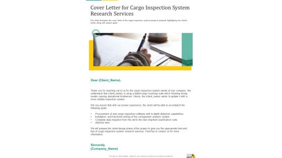 Cover Letter For Cargo Inspection System Research Services One Pager Sample Example Document