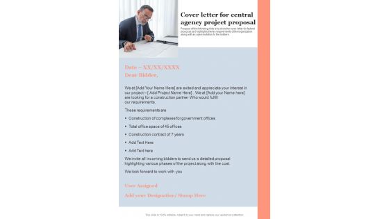 Cover Letter For Central Agency Project Proposal One Pager Sample Example Document