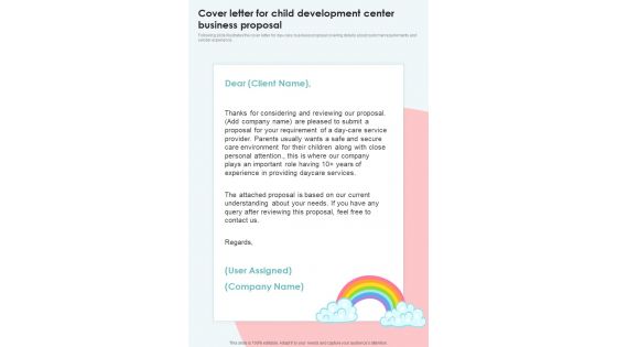 Cover Letter For Child Development Center Business Proposal One Pager Sample Example Document