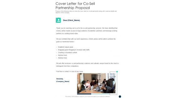 Cover Letter For Co Sell Partnership Proposal One Pager Sample Example Document