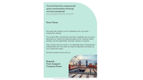 Cover Letter For Commercial Post Construction Cleanup Services Proposal One Pager Sample Example Document