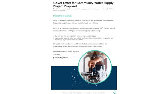 Cover Letter For Community Water Supply Project Proposal One Pager Sample Example Document