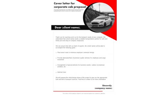 Cover Letter For Corporate Cab Proposal One Pager Sample Example Document