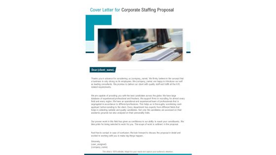 Cover Letter For Corporate Staffing Proposal One Pager Sample Example Document