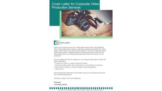 Cover Letter for Corporate Video Production Services One pager sample example document