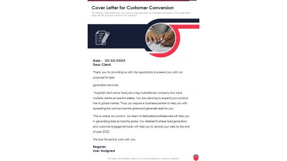Cover Letter For Customer Conversion One Pager Sample Example Document