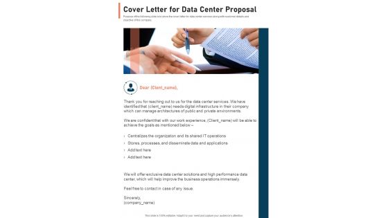 Cover Letter For Data Center Proposal One Pager Sample Example Document