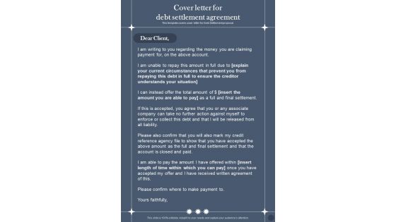Cover Letter For Debt Settlement Agreement One Pager Sample Example Document