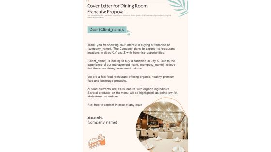 Cover Letter For Dining Room Franchise Proposal One Pager Sample Example Document