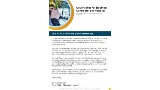 Cover Letter For Electrical Contractor Bid Proposal One Pager Sample Example Document