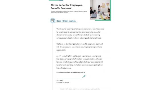 Cover Letter For Employee Benefits Proposal One Pager Sample Example Document