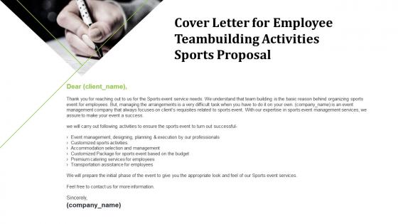 Cover letter for employee teambuilding activities sports proposal ppt slides picture