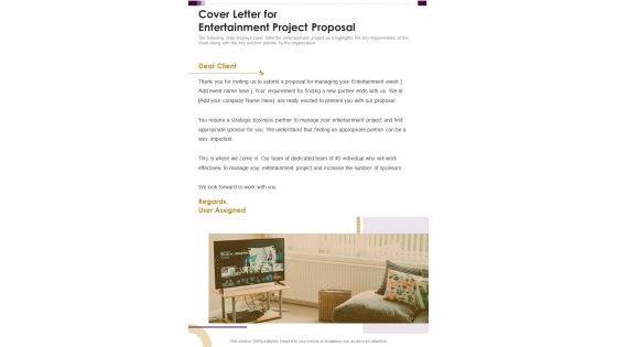 Cover Letter For Entertainment Project Proposal One Pager Sample Example Document