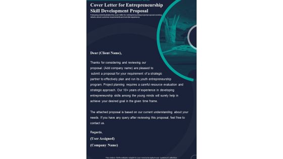 Cover Letter For Entrepreneurship Skill Development Proposal One Pager Sample Example Document