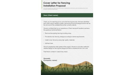 Cover Letter For Fencing Installation Proposal One Pager Sample Example Document