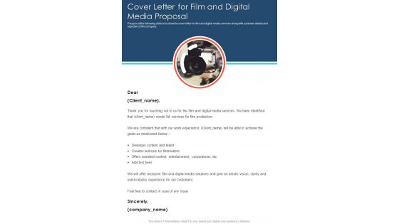 Cover Letter For Film And Digital Media Proposal One Pager Sample Example Document