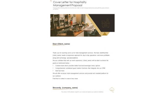 Cover Letter For Hospitality Management Proposal One Pager Sample Example Document