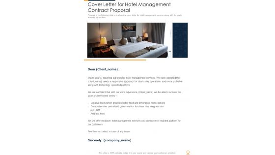 Cover Letter For Hotel Management Contract Proposal One Pager Sample Example Document