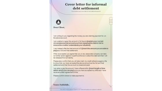 Cover Letter For Informal Debt Settlement One Pager Sample Example Document