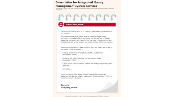 Cover Letter For Integrated Library Management System One Pager Sample Example Document
