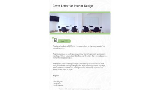 Cover Letter For Interior Design One Pager Sample Example Document