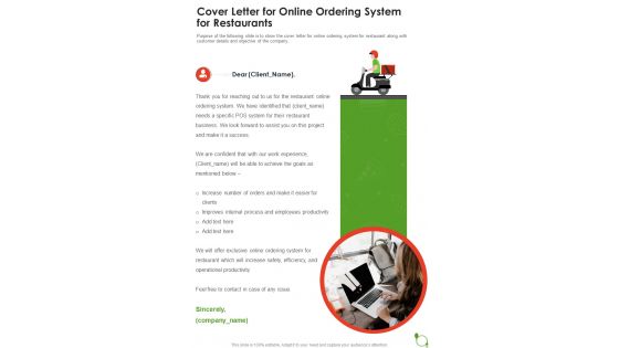 Cover Letter For Online Ordering System For Restaurants One Pager Sample Example Document
