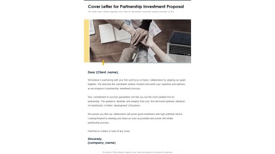 Cover Letter For Partnership Investment Proposal One Pager Sample Example Document