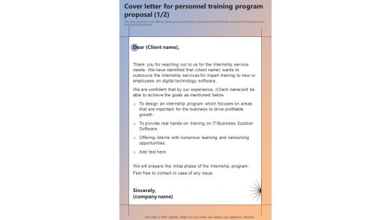 Cover Letter For Personnel Training Program Proposal One Pager Sample Example Document