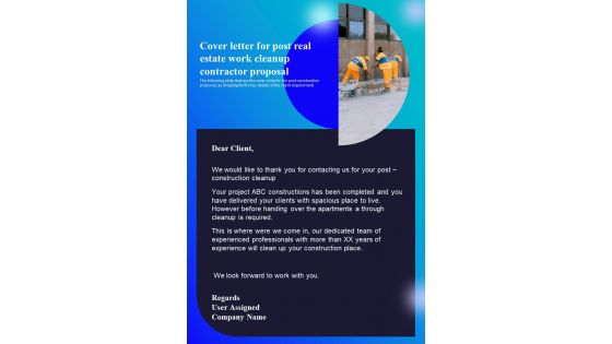 Cover Letter For Post Real Estate Work Cleanup Contractor Proposal One Pager Sample Example Document