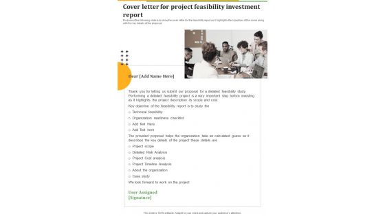 Cover Letter For Project Feasibility Investment Report One Pager Sample Example Document