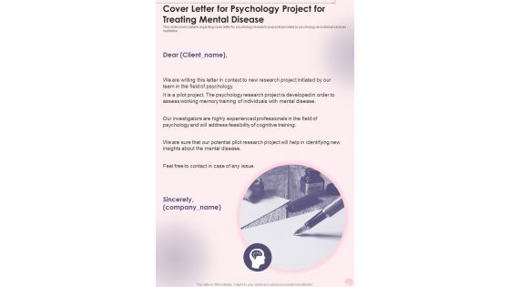 Cover Letter For Psychology Project For Treating Mental Disease One Pager Sample Example Document