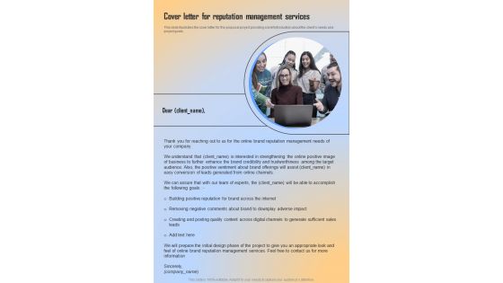 Cover Letter For Reputation Management Services One Pager Sample Example Document