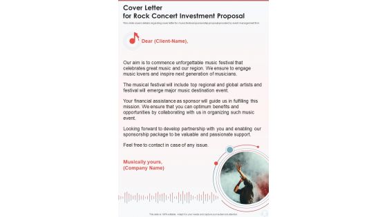 Cover Letter For Rock Concert Investment Proposal One Pager Sample Example Document